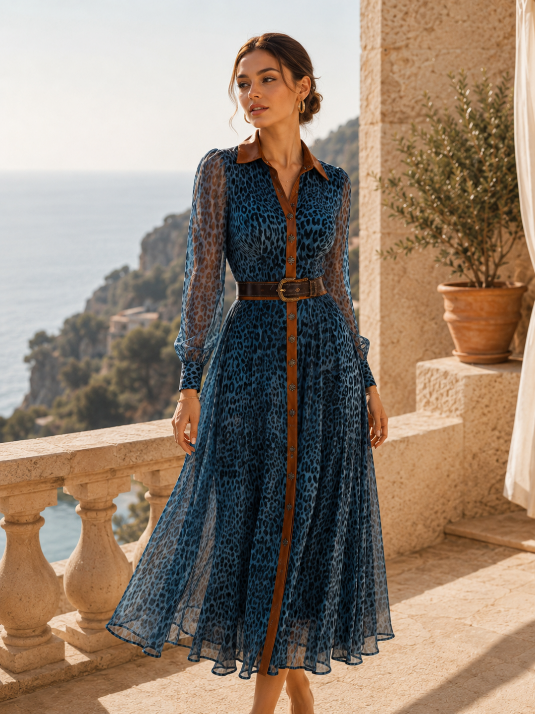 Nerina Navy Animal-Print Belted Maxi Dress