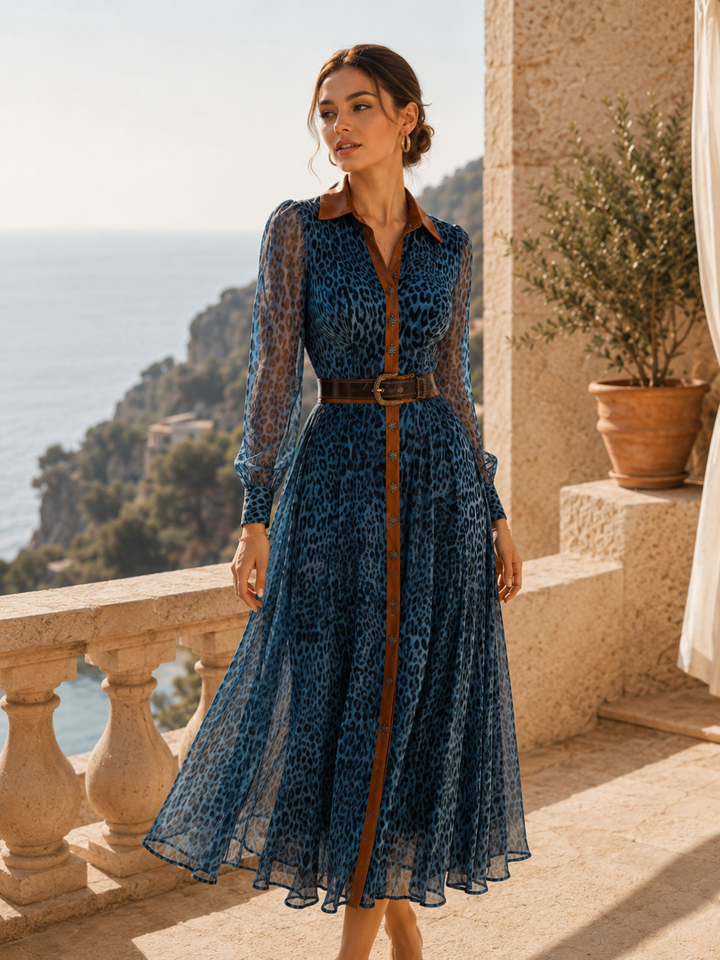 Nerina Navy Animal-Print Belted Maxi Dress