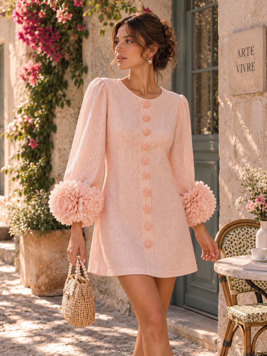 Rosalia Blush Floral-Cuff Button Mini Dress