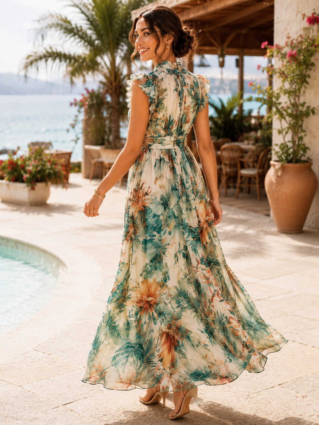 Flora Ivory Green Botanical Cap-Sleeve Maxi Dress
