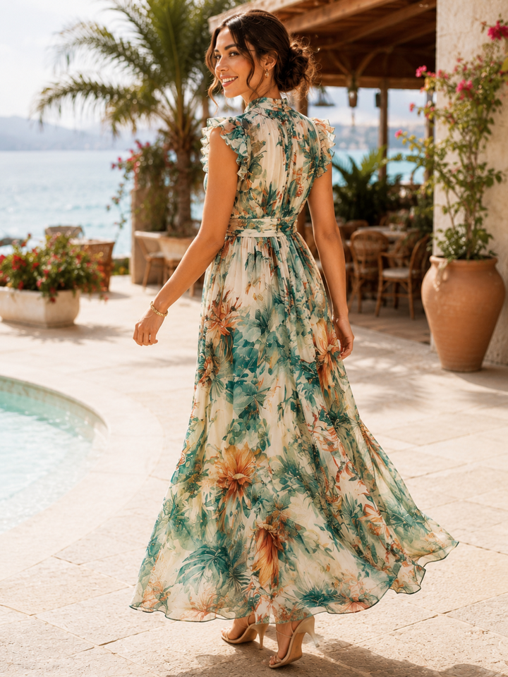 Flora Ivory Green Botanical Cap-Sleeve Maxi Dress