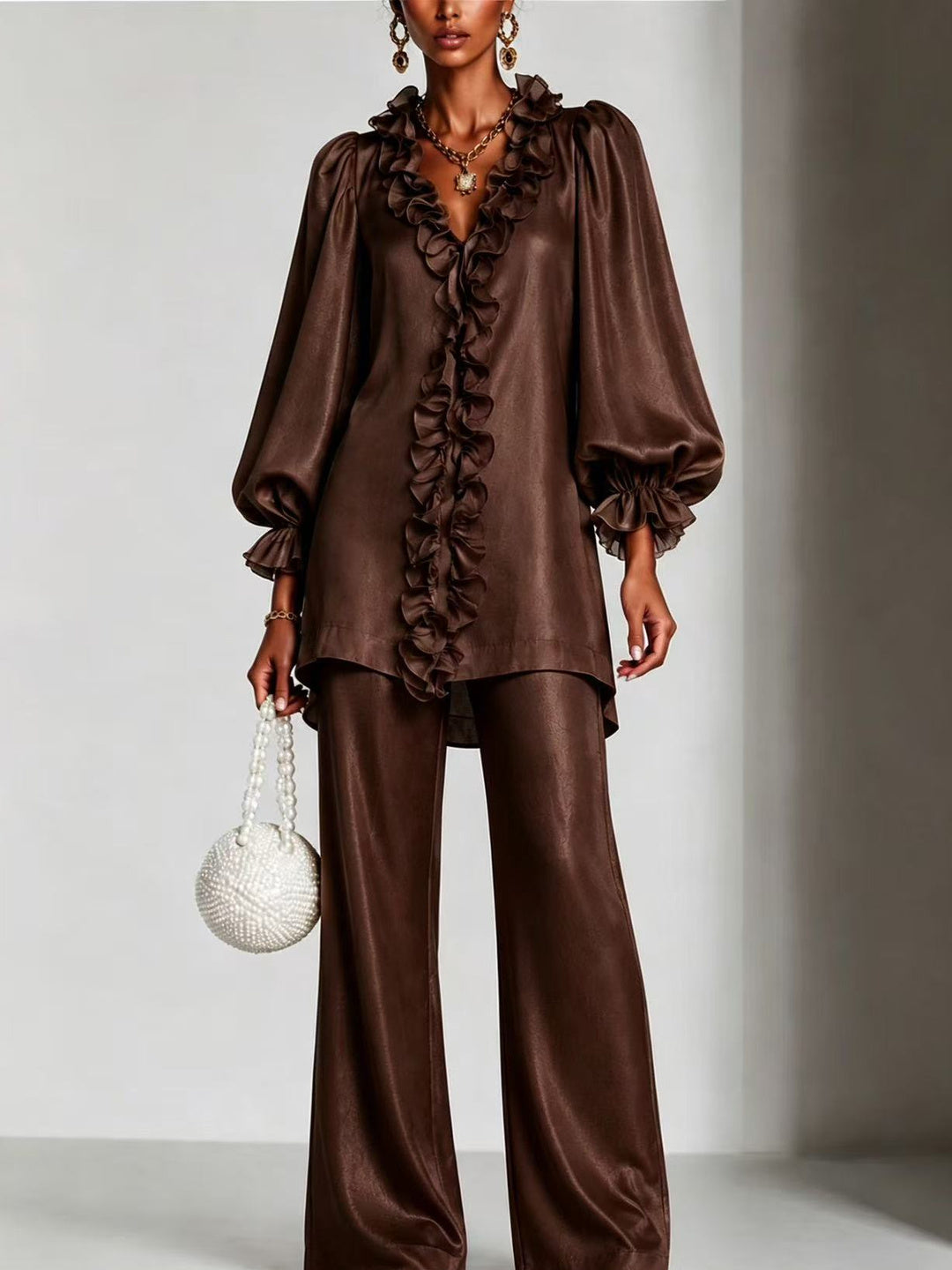 Mariella Ruffle-Trim Blouse & Trouser Set