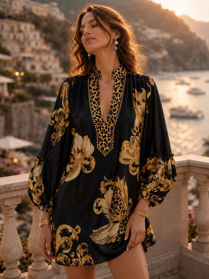 Paloma Black Gold Baroque Caftan Mini Dress