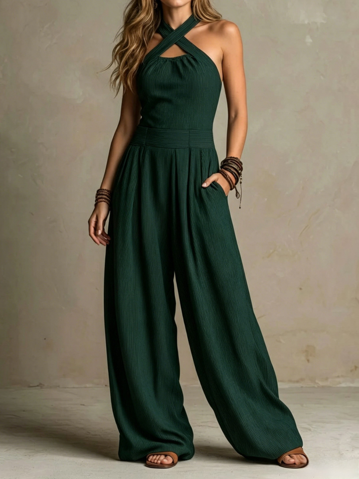 Giulia  Boho Charcoal Crisscross Halter Pinstripe Wide-Leg Jumpsuit