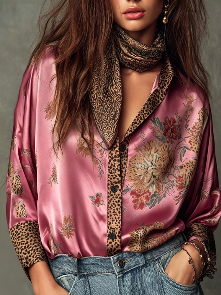 Adriana Sage Floral Satin Resort Blouse