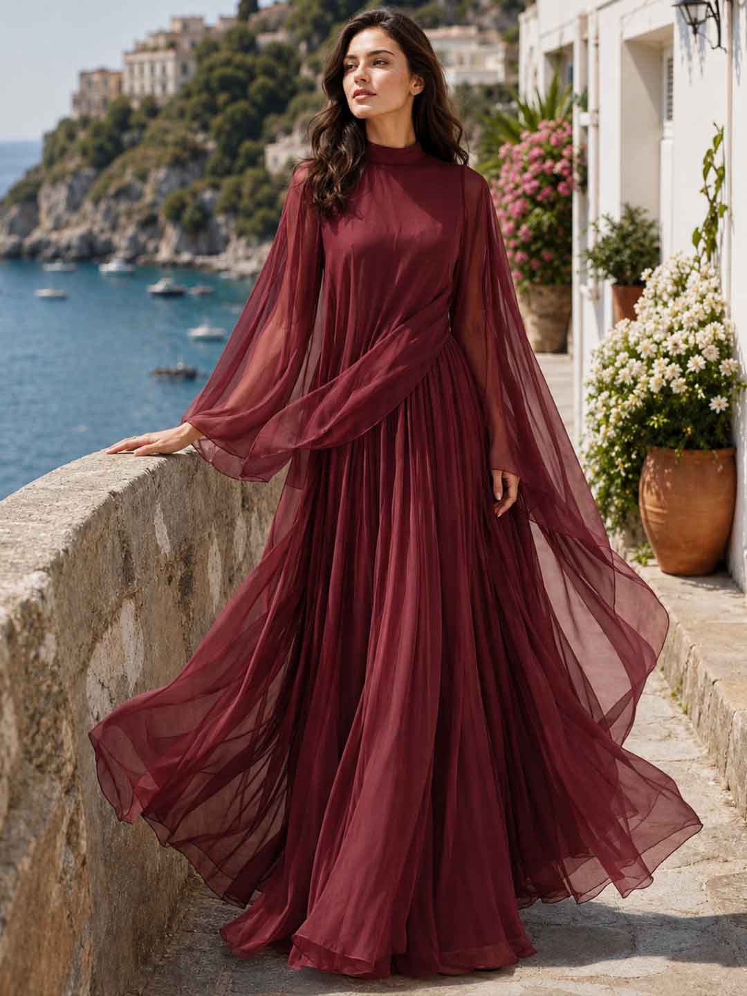 Nerina Chiffon Cape Two-Piece Set - Chocolate