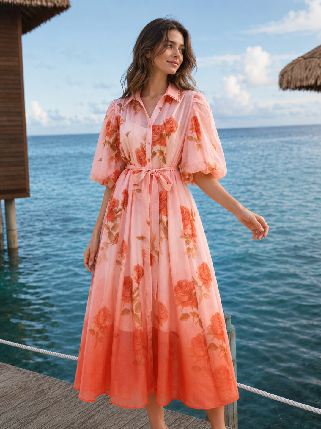 Soleil Floral Puff-Sleeve Midi Dress
