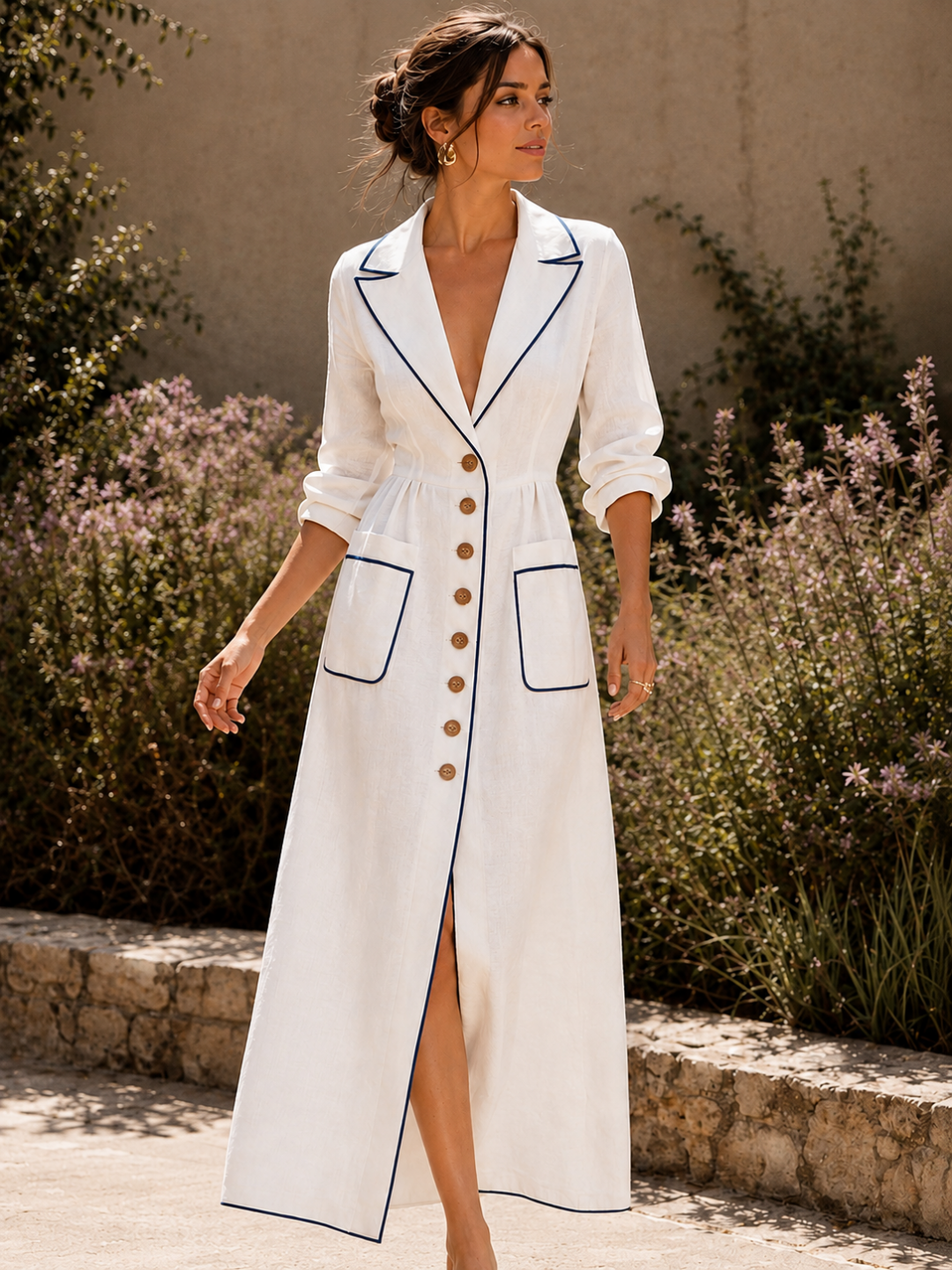 Portofino Contrast-Piped Belted Maxi Dress