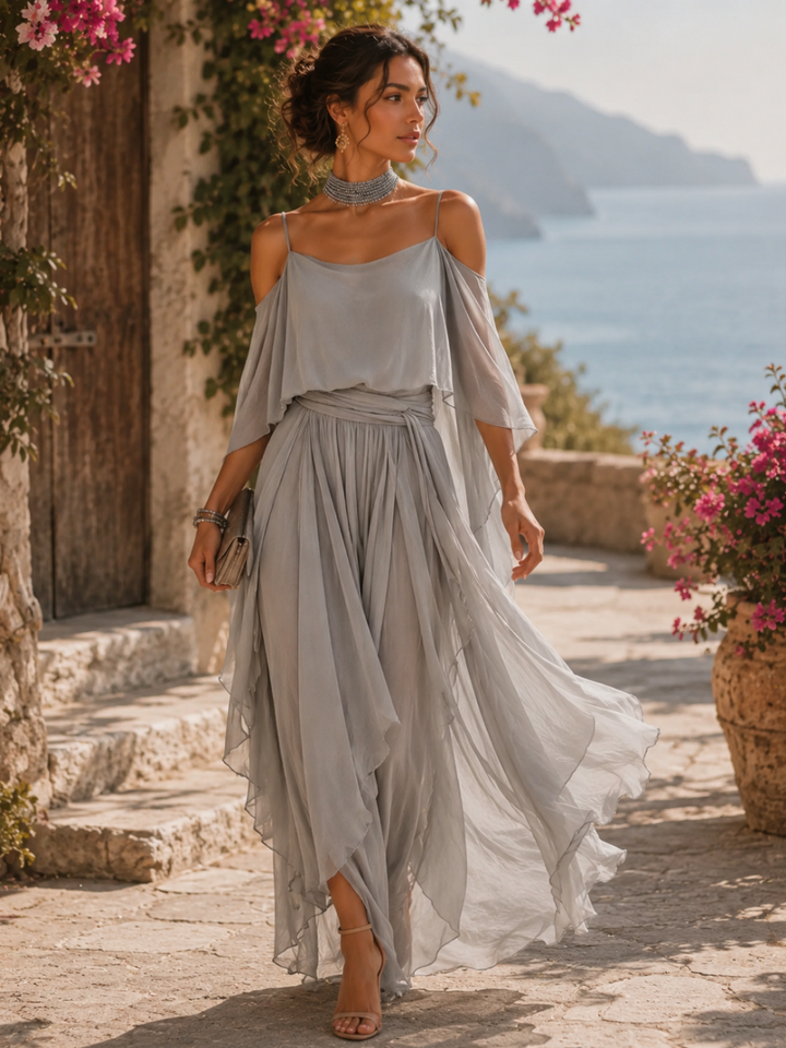 Luna Slate Off-Shoulder Draped Maxi Dress - White