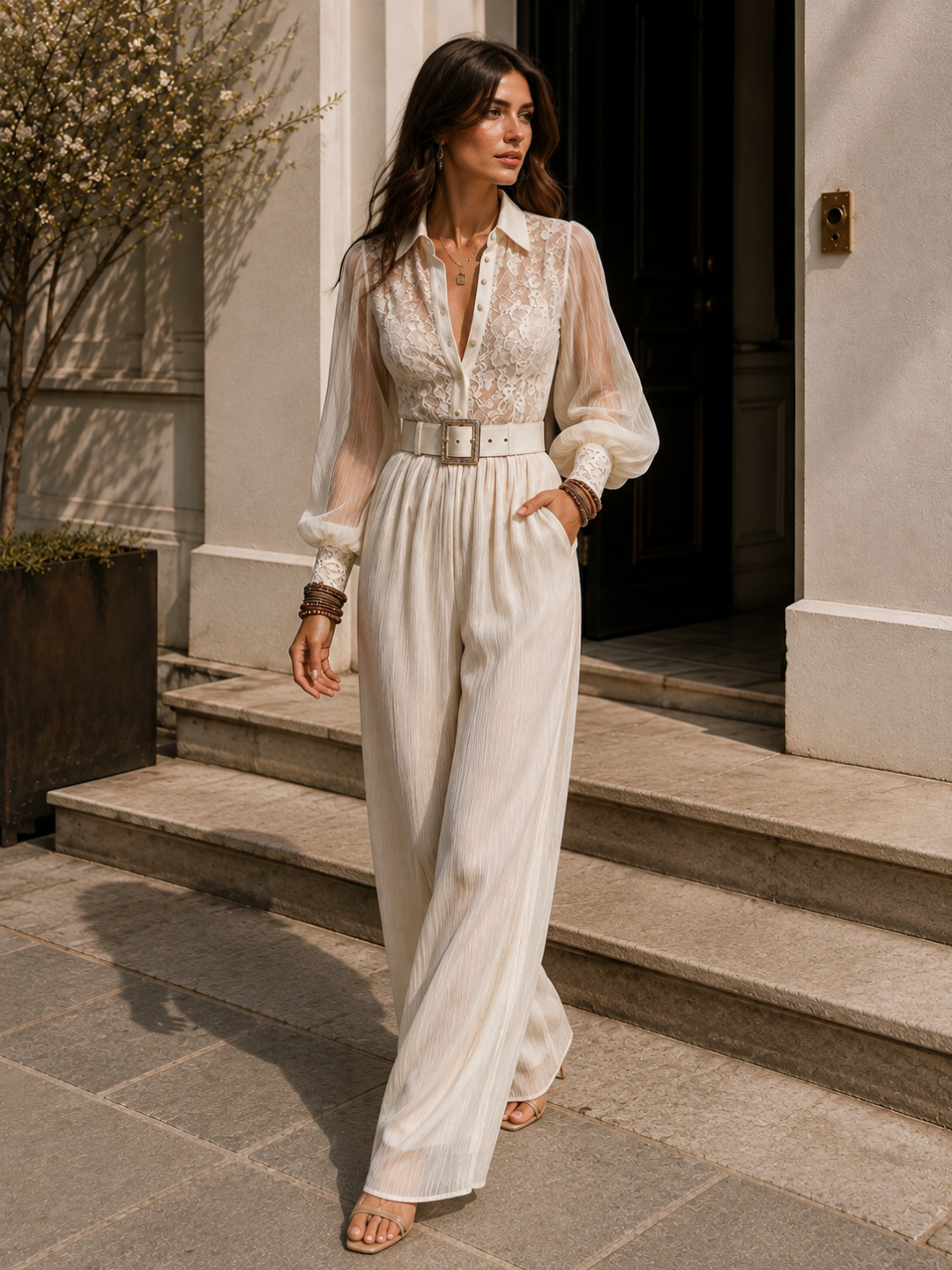 Sienna Beige Stripe Belted Wide-Leg Jumpsuit