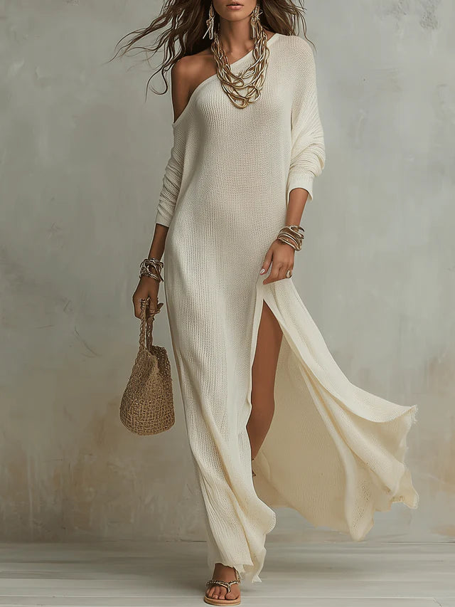 Noemi Ivory One-Shoulder Slit Maxi Dress