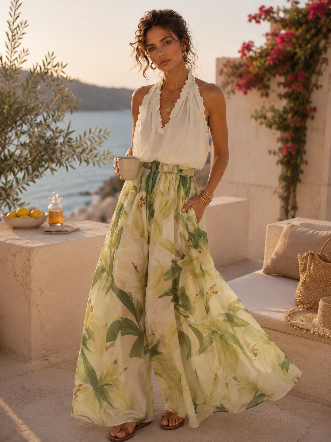 Ayla Ivory Green Floral Resort Pants Set