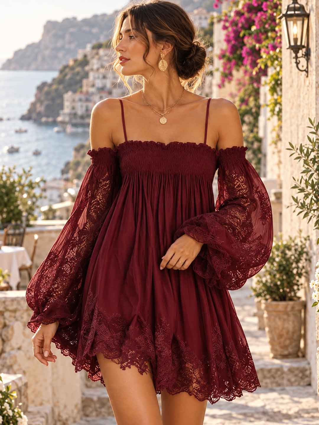 Sabina Burgundy Lace Off-Shoulder Mini Dress
