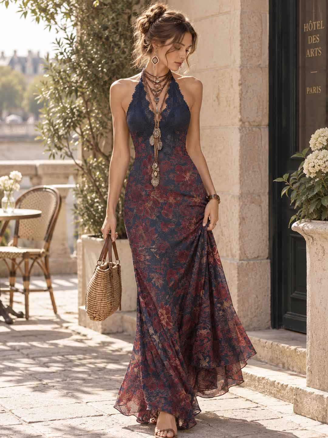Capri Navy Floral Halter Maxi Dress
