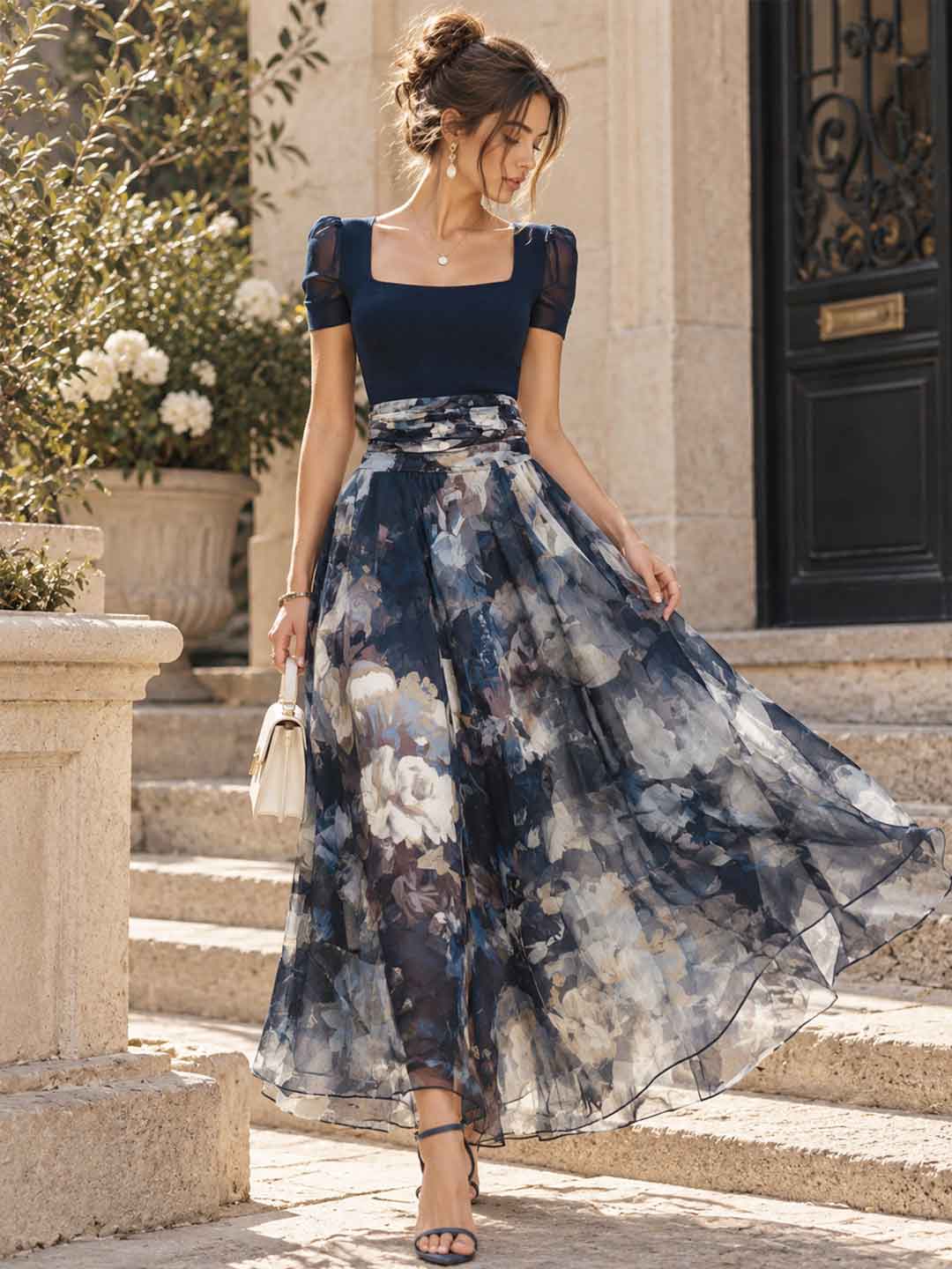 Celine Navy Floral Contrast Maxi Dress