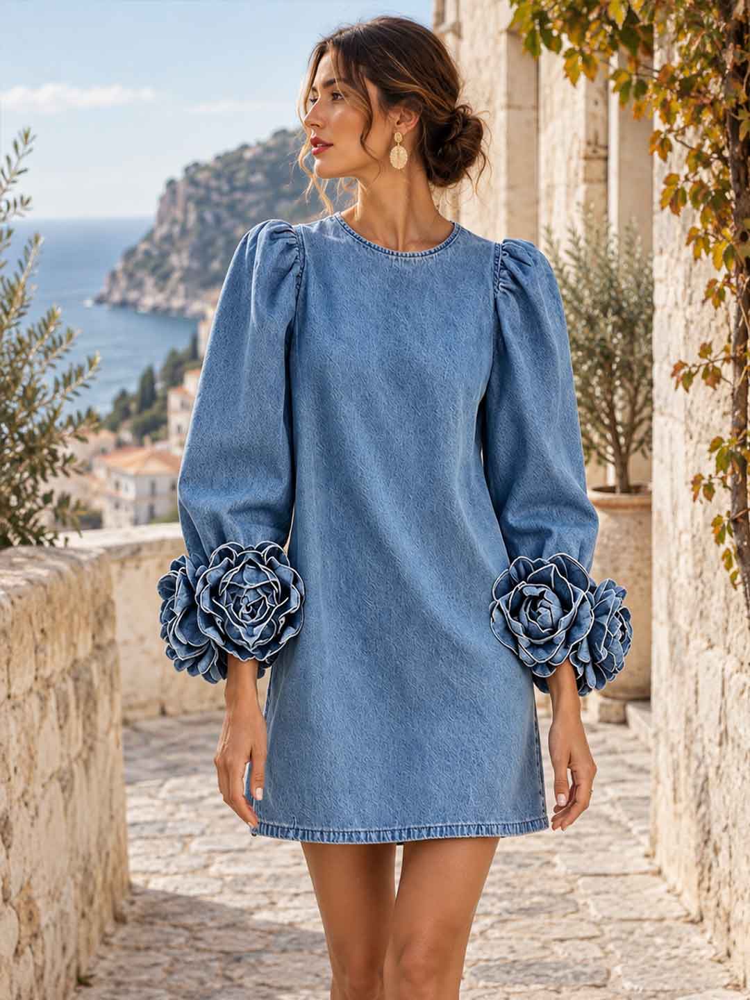 Fiorenza Floral-Cuff Mini Dress