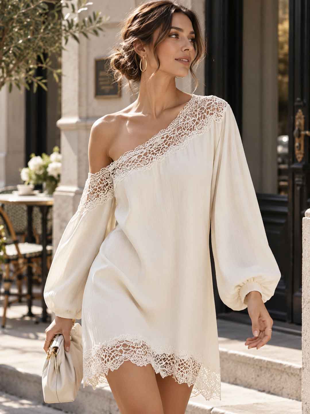 Callista Lace-Trim One-Shoulder Mini Dress - Ivory