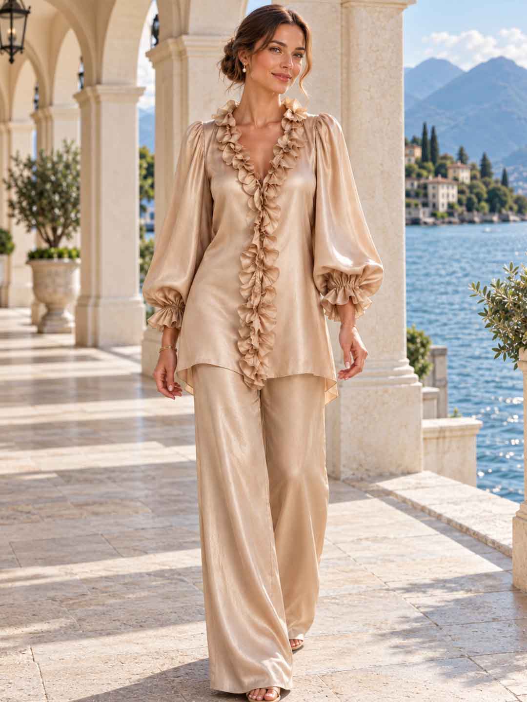 Mariella Ruffle-Trim Blouse & Trouser Set