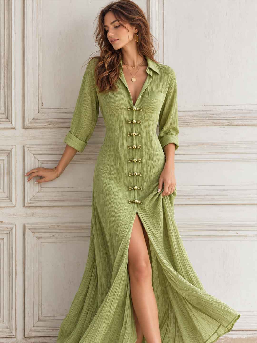 Lucia Button-Front Belted Maxi Dress