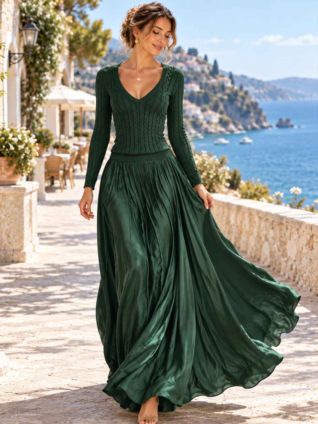 Valentina Ribbed-Bodice Pleated Maxi Dress
