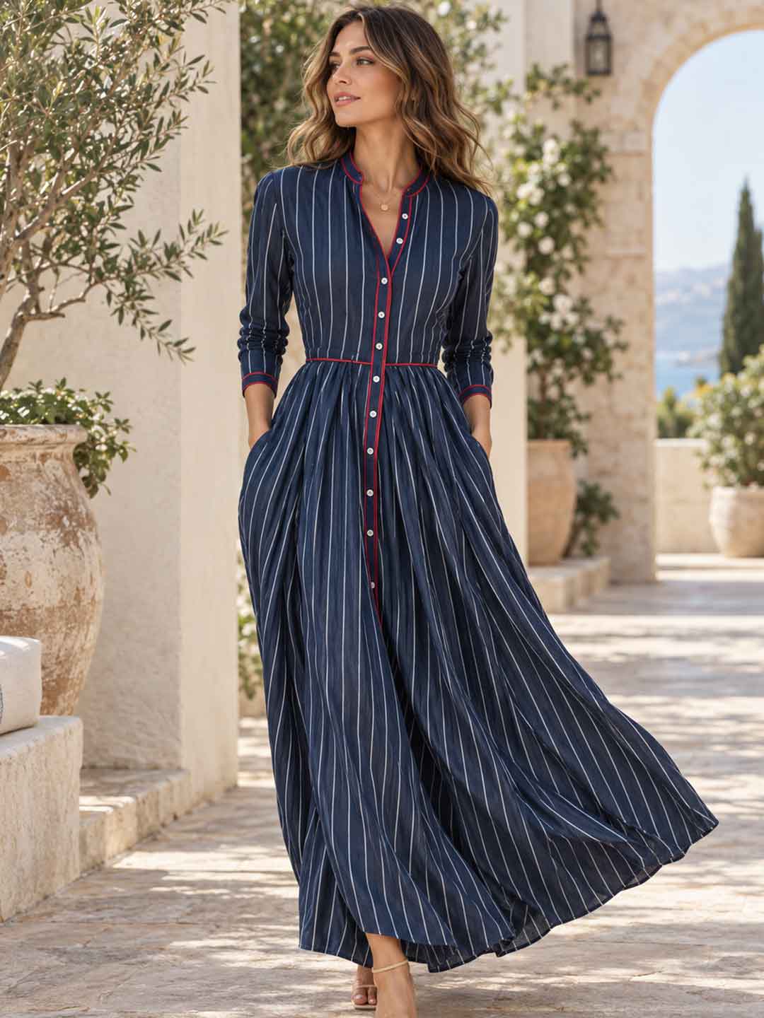 Adriana Pinstripe Pleated Maxi Dress