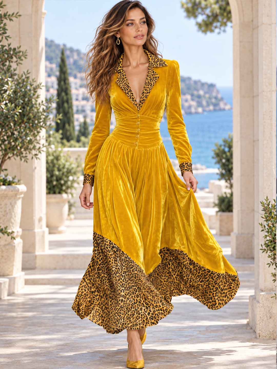 Marisol Velvet Leopard-Hem Maxi Dress