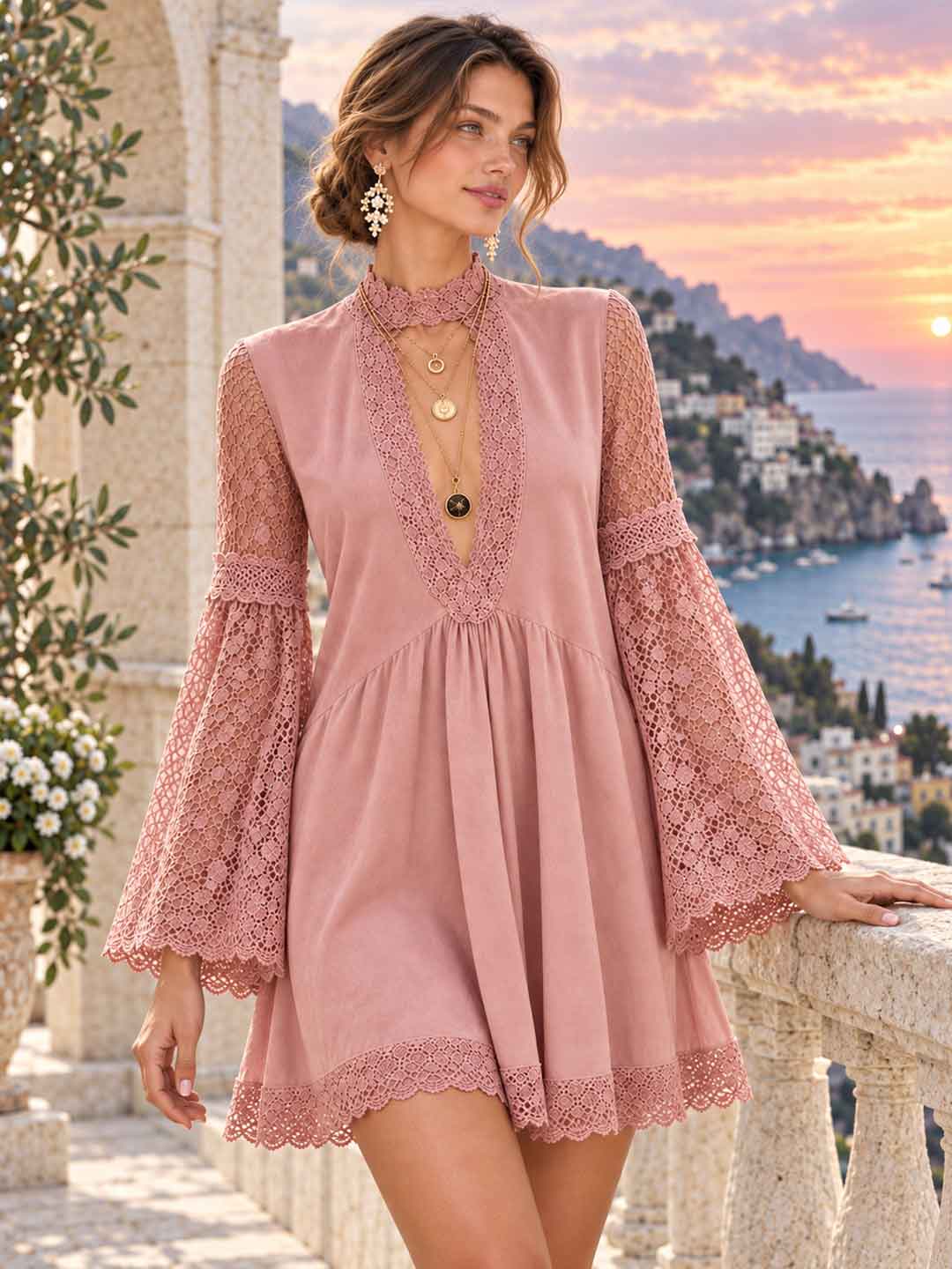 Elisabetta Plunge-Neck Bell-Sleeve Mini Dress - White