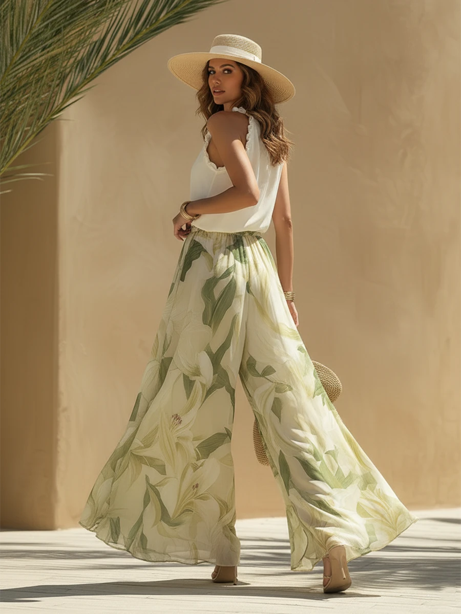 Ayla Ivory Green Floral Resort Pants Set