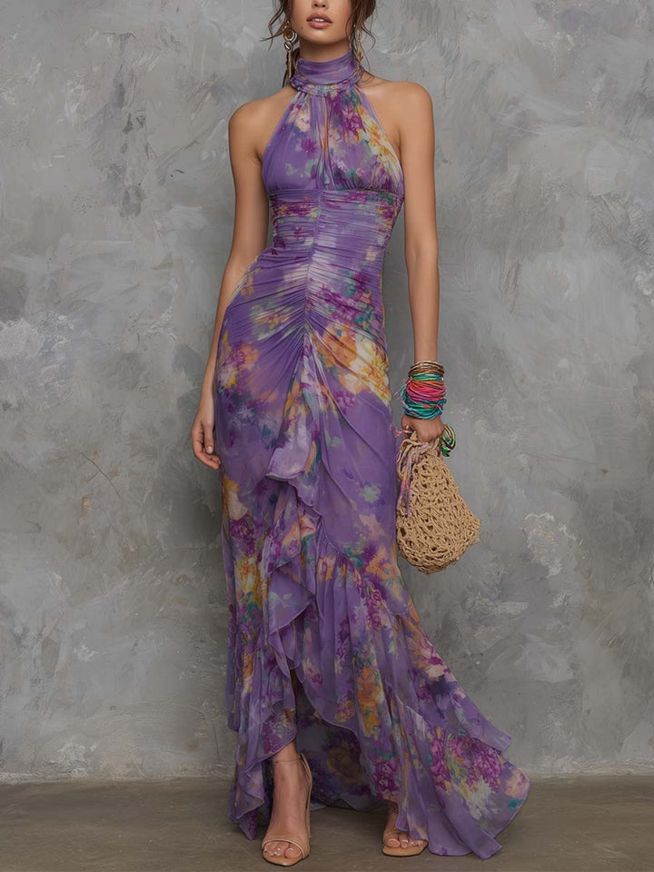Livia Purple Floral Halter High-Low Maxi Dress