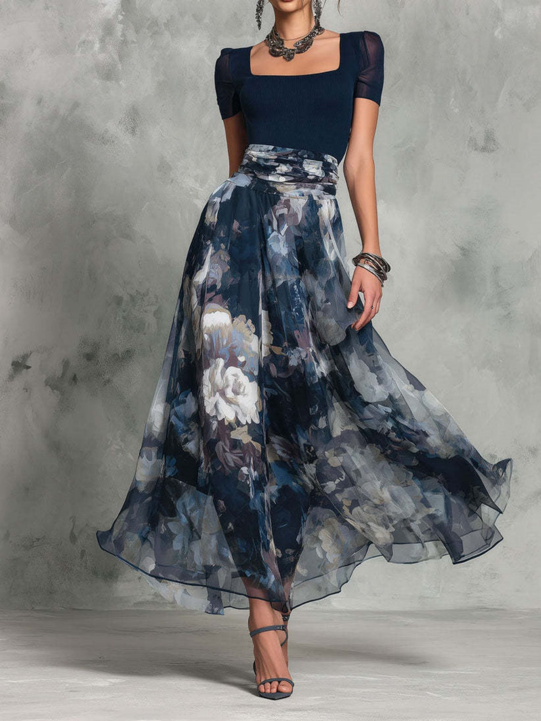 Celine Navy Floral Contrast Maxi Dress
