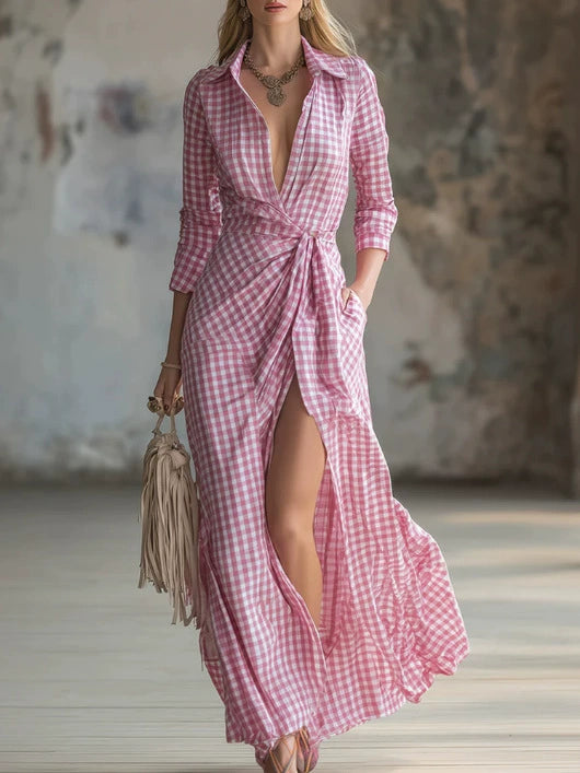 Elise Pink Gingham Tie-Waist Shirt Dress