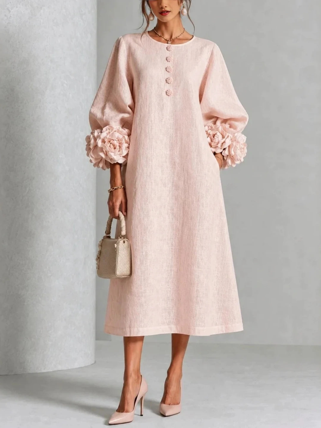 Paloma Puff-Sleeve Button Midi Dress
