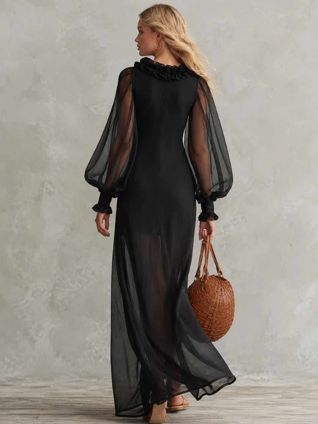 Celeste Sheer-Sleeve Tiered Maxi Dress