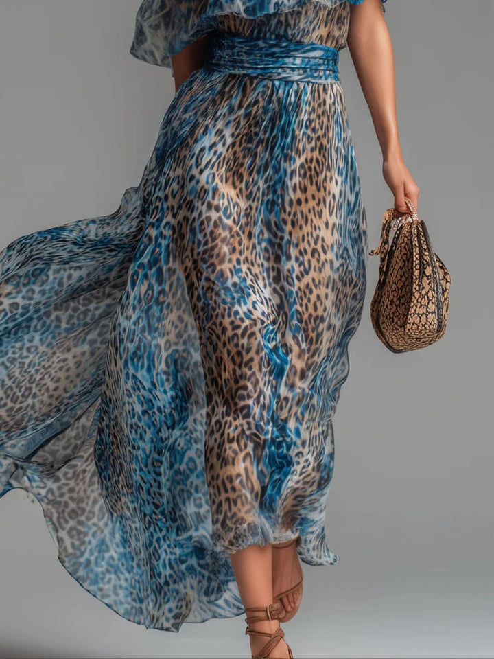 Celeste Blue Leopard One-Shoulder Maxi Dress