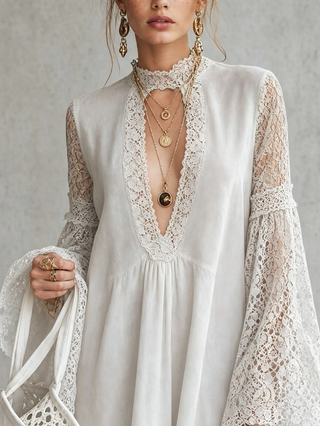 Elisabetta Plunge-Neck Bell-Sleeve Mini Dress