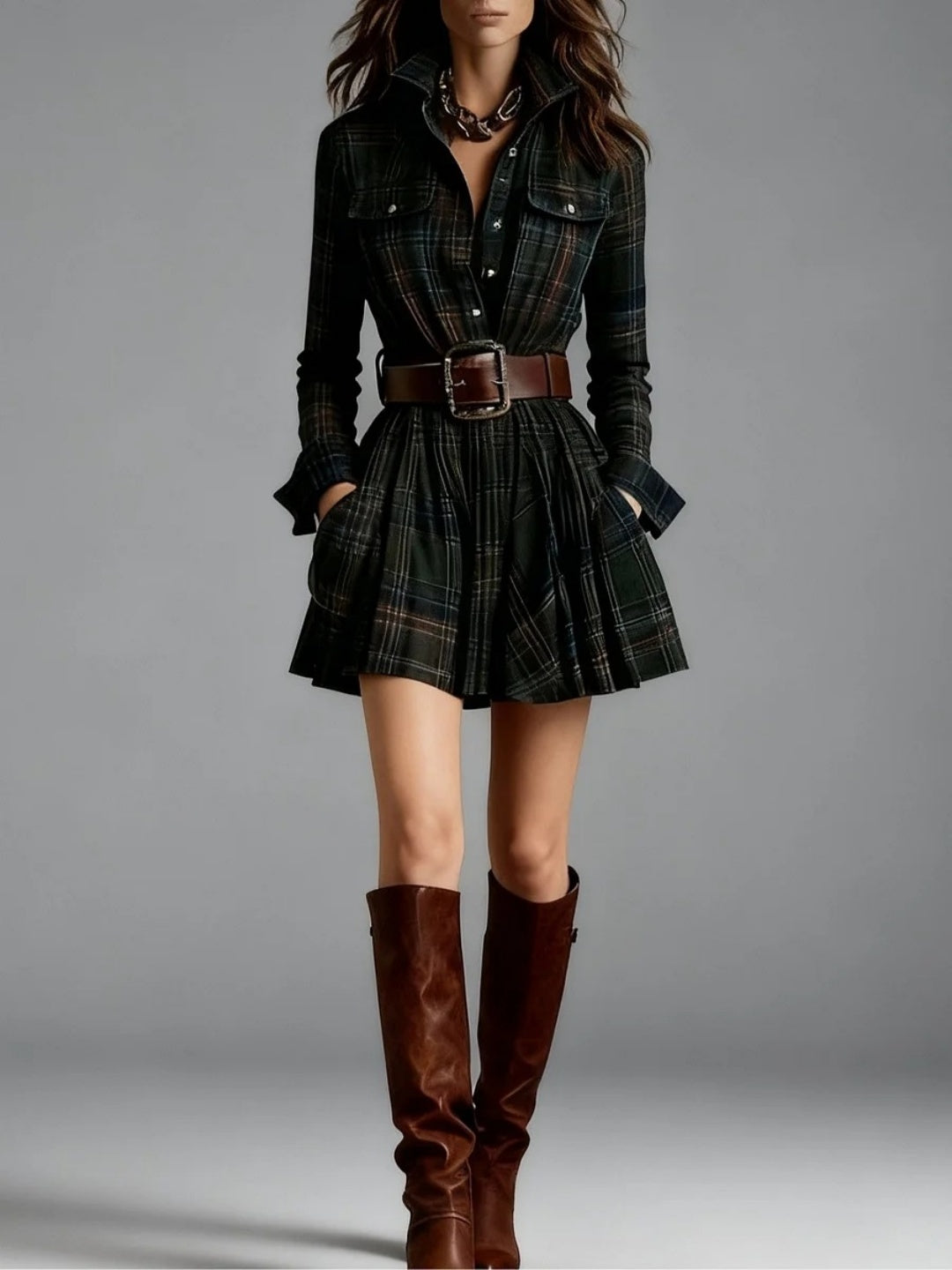 Noemi Plaid Belted Shirt Mini Dress