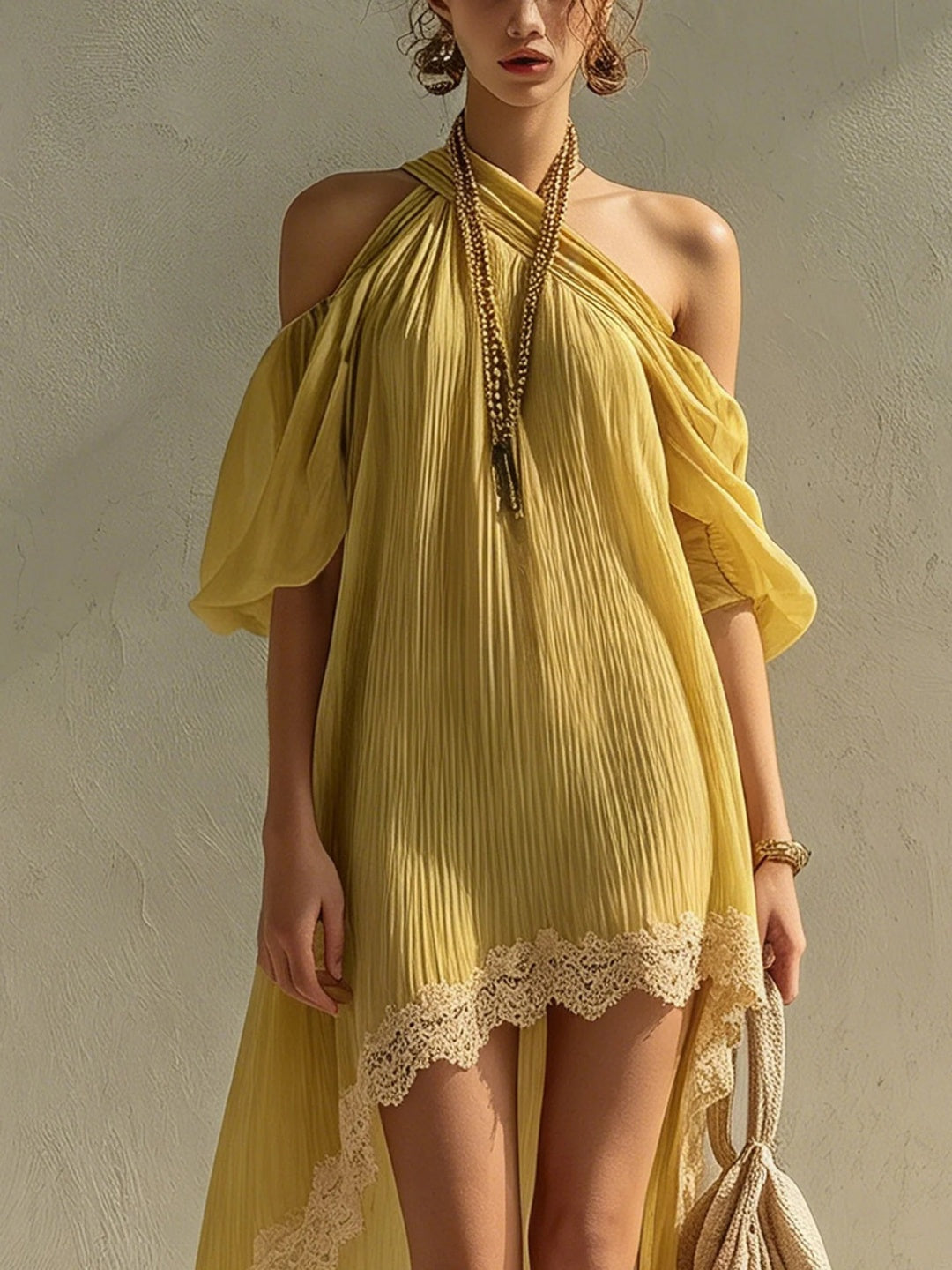 Soleil Mustard Halter High-Low Mini Dress