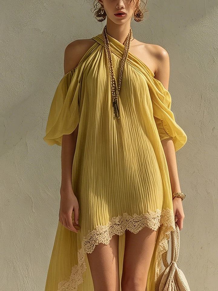 Soleil Mustard Halter High-Low Mini Dress