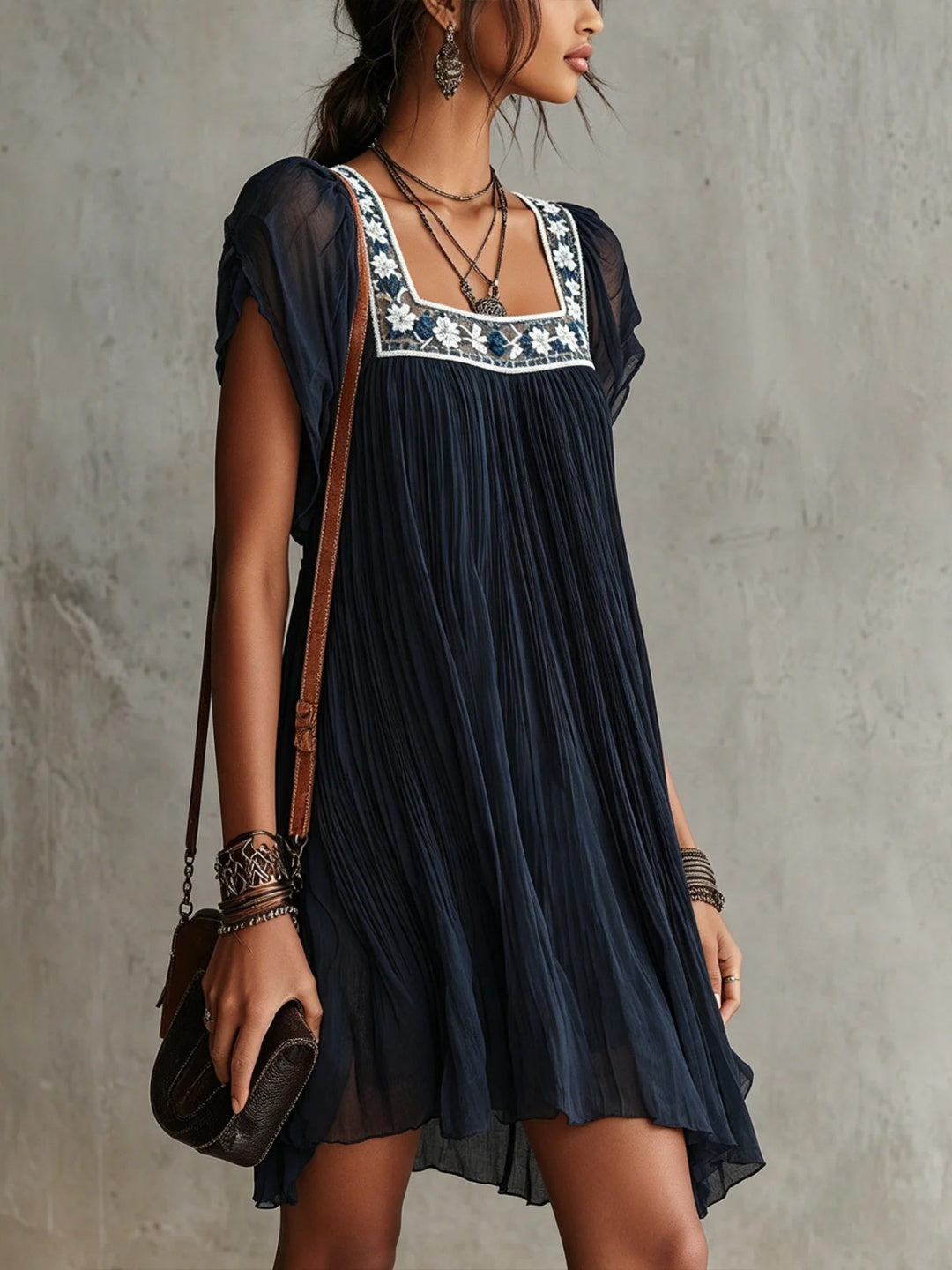 Marina Navy Embroidered Square-Neck Mini Dress