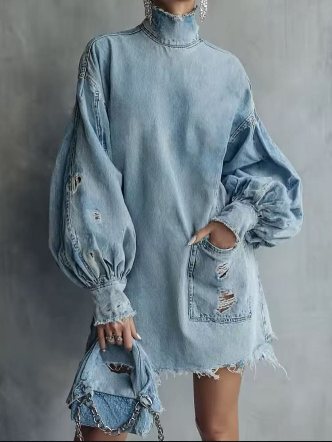 Ciela Distressed-Denim Sweater Mini Dress