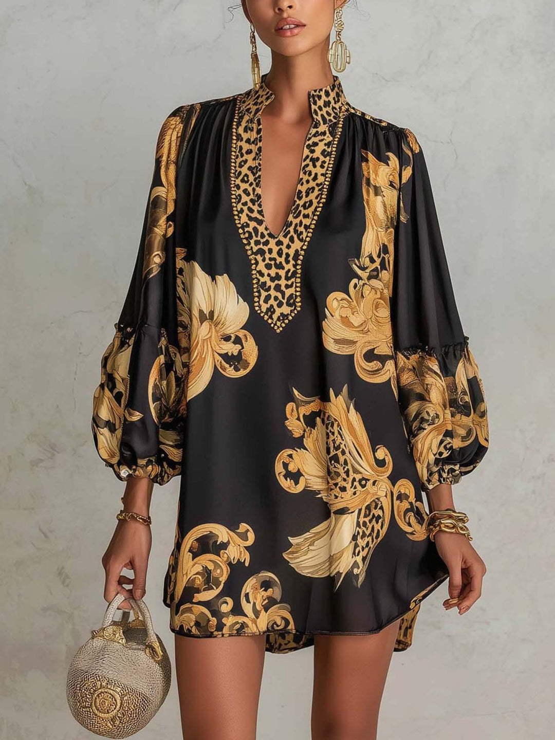 Paloma Black Gold Baroque Caftan Mini Dress
