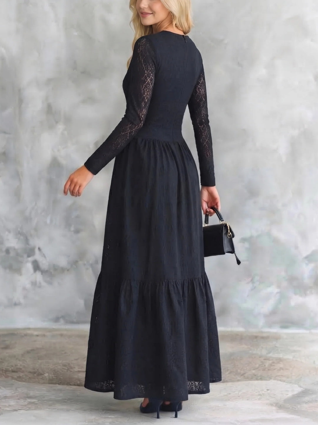 Aurelia Lace-Sleeve Velvet Maxi Dress