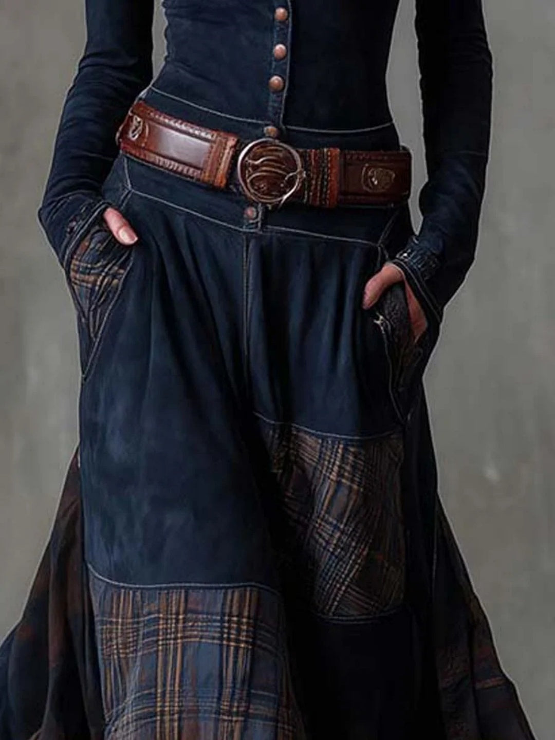 Noa Navy Plaid-Panel Button Maxi Dress