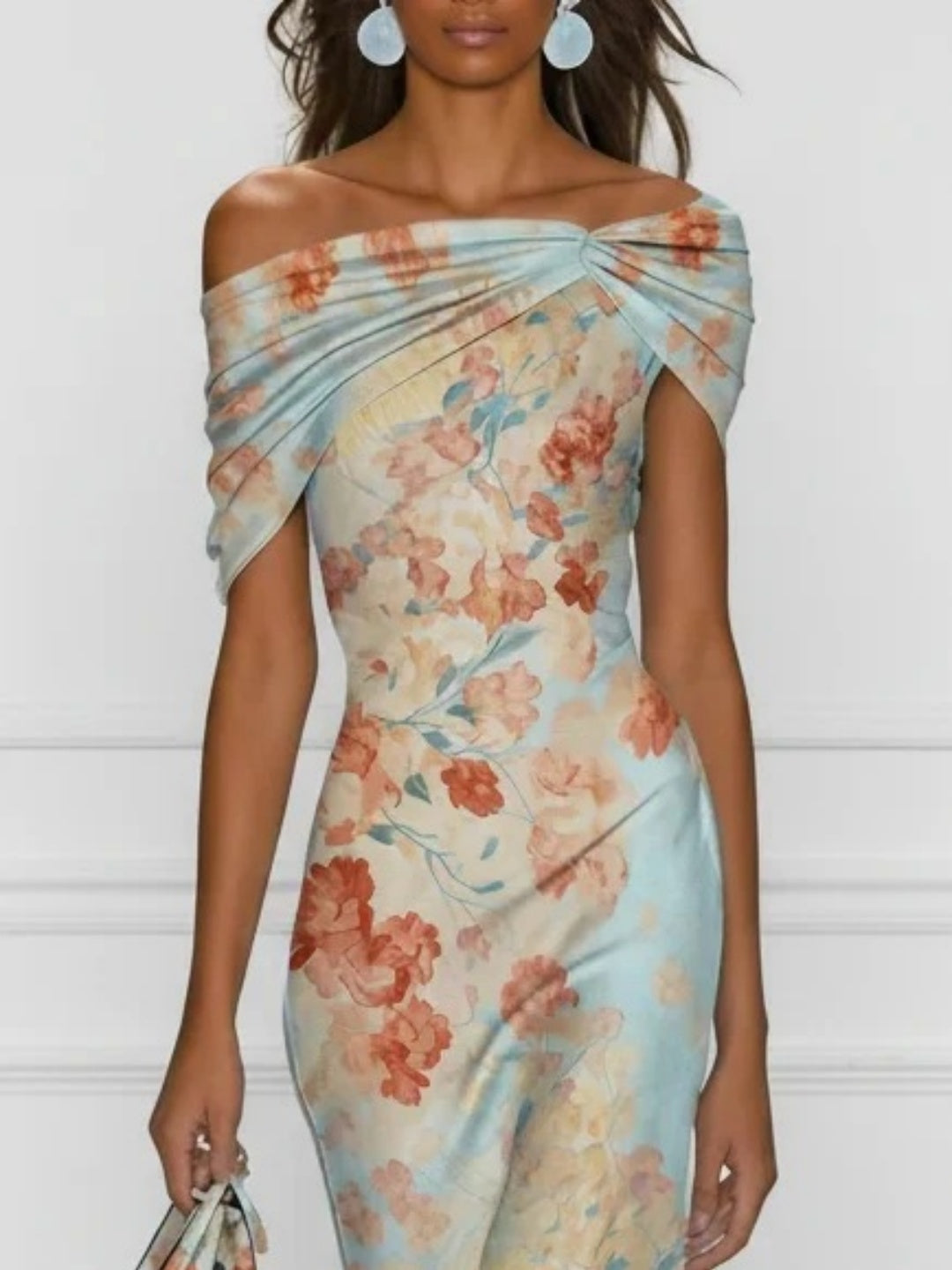 Flora Aqua Floral Off-Shoulder Midi Dress