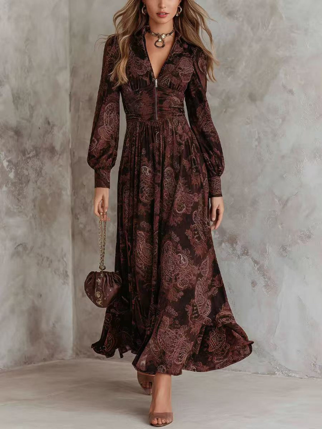 Cora Brown Floral Long-Sleeve Maxi Dress