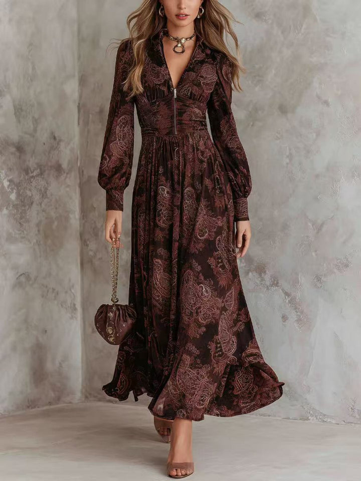 Cora Brown Floral Long-Sleeve Maxi Dress