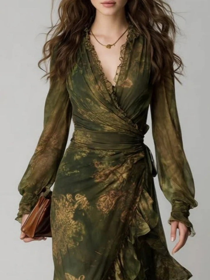 Olivia Olive Floral Ruffle High-Low Maxi Dress