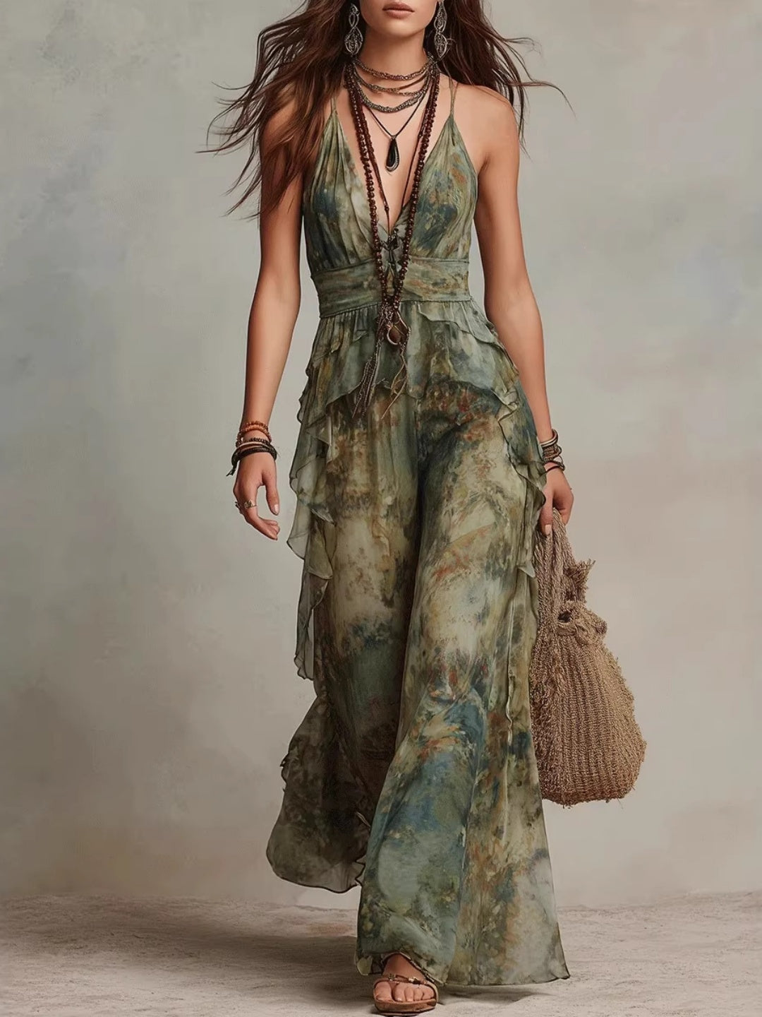 Elena Olive Botanical Halter Maxi Dress