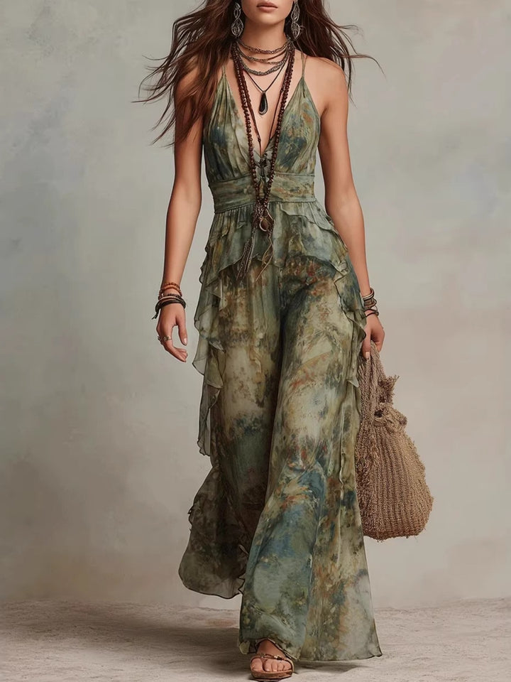 Elena Olive Botanical Halter Maxi Dress