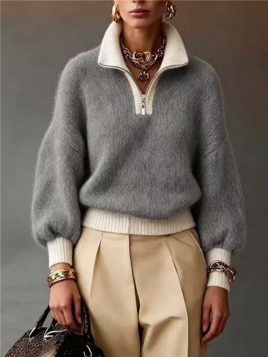 Bianca Half-Zip Balloon-Sleeve Sweater - Yellow